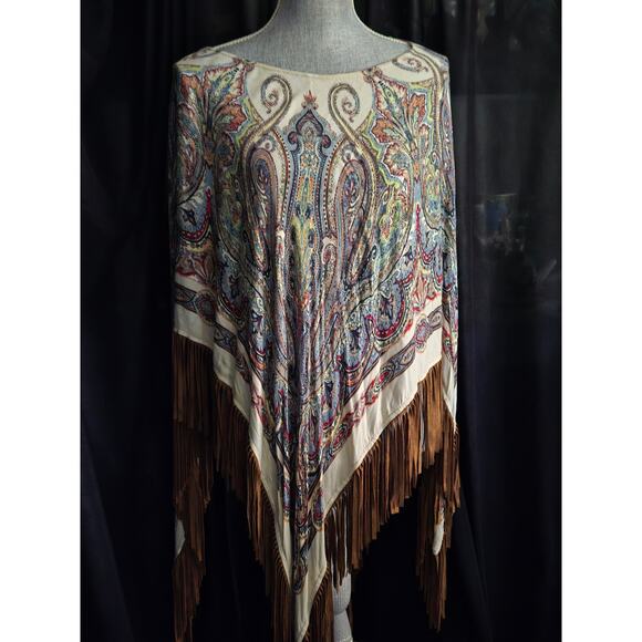 Chico’s Paisley Triangle Poncho, Faux Suede Trim, One Size Fits All - Picture 3 of 8